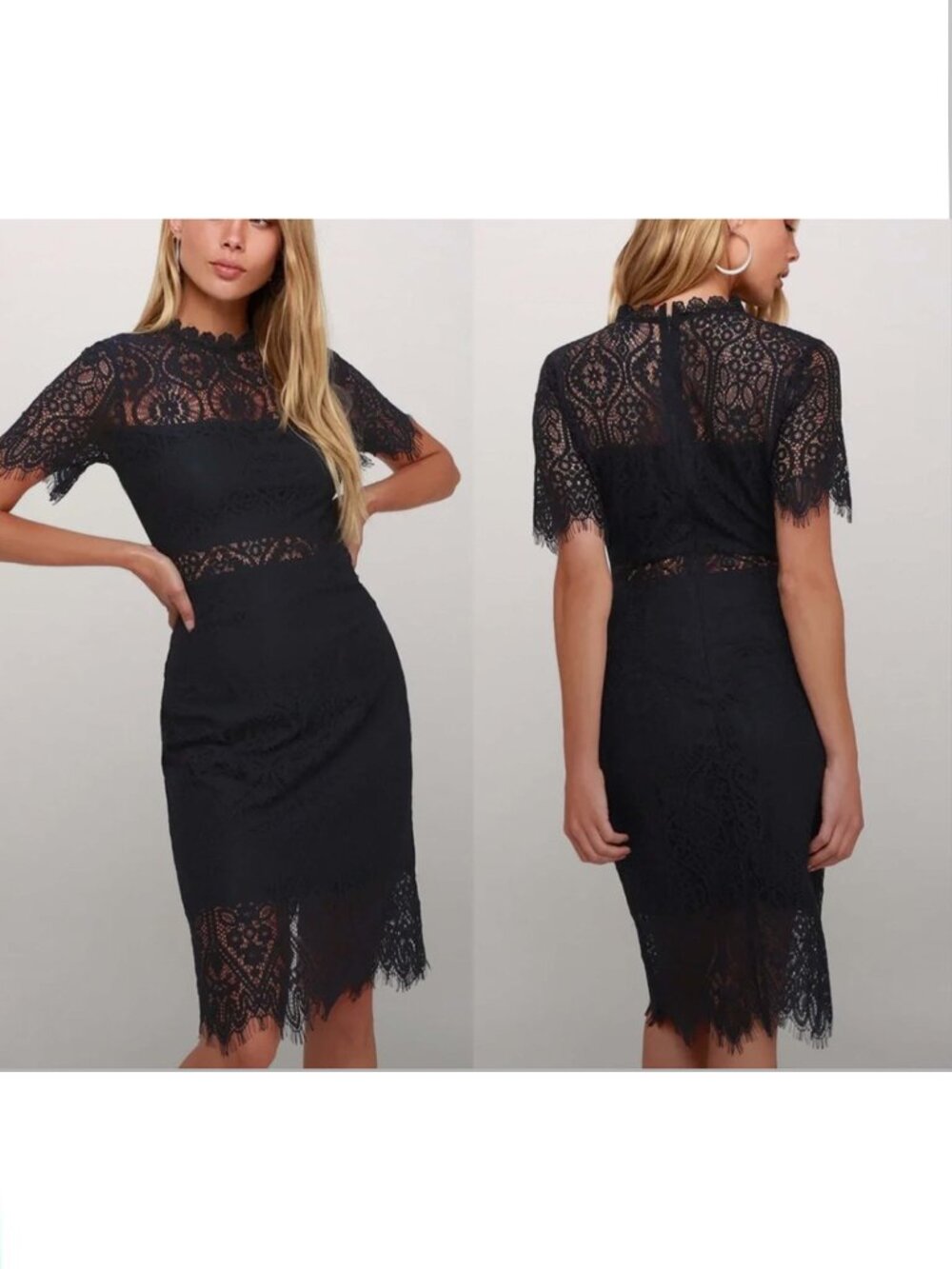 🖤 Elegant Black Overlay Lace High Neck Short Sleeve Cocktail Mini Dress- Medium
